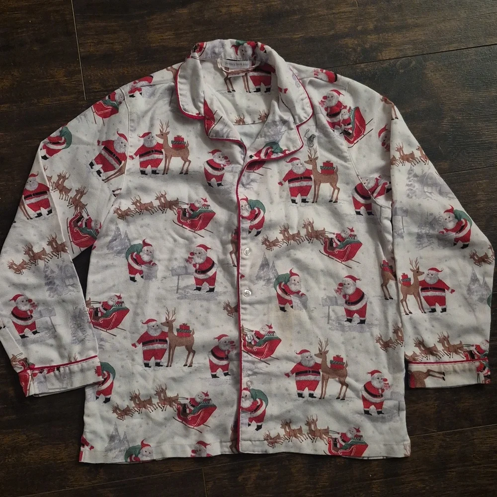 POTTERY PARN KIDS heritage Santa Flannel Pajama Top Christmas Button Sleep Shirt